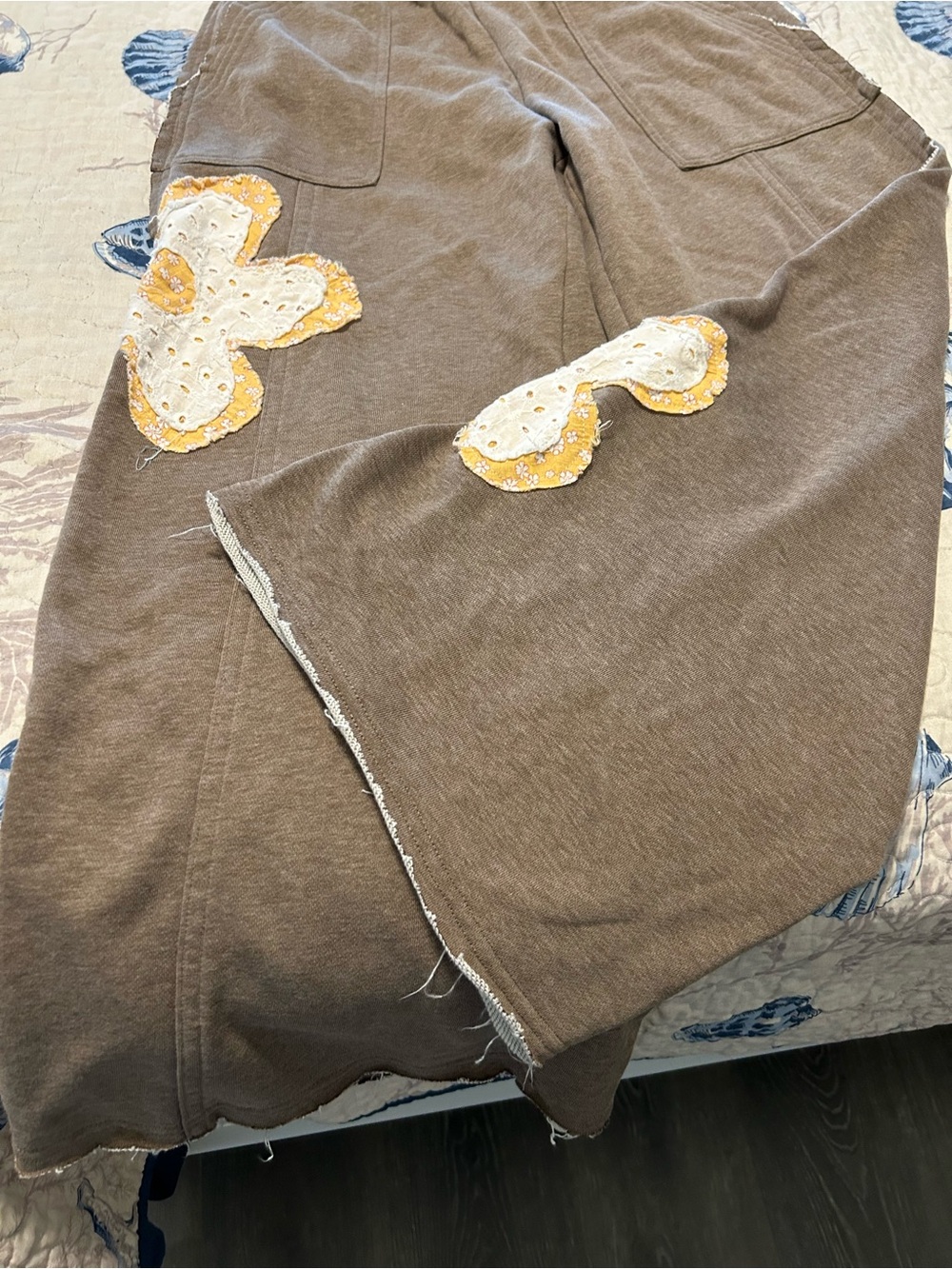 DAVI & DANI Brown Wide-Leg Pants on with Yellow & Cream Floral Appliqués